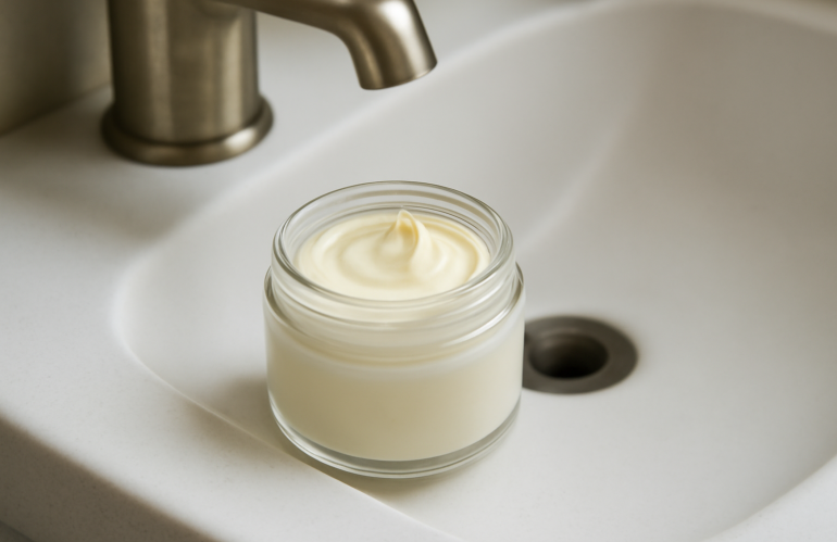 pot de creme apaisante au bord d'évier