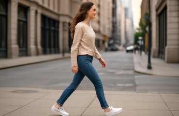 femme marchant en baskets blanches en ville