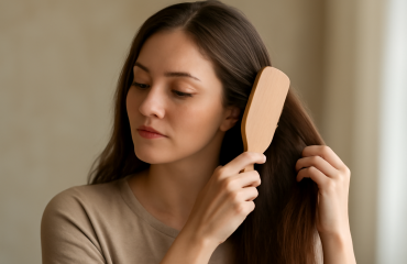 femme coiffant ses cheveux avec brosse