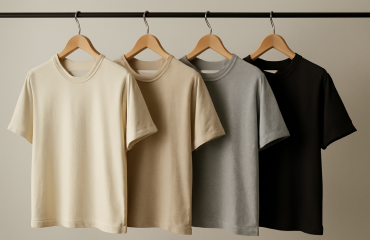 differents t-shirts neutres suspendus sur porte-manteau