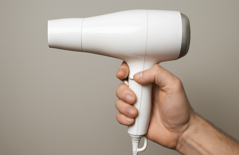 mains tenant un sèche-cheveux blanc