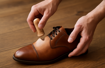 mains utilisant embauchoir dans chaussure