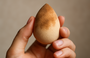 main tenant une eponge de maquillage sale