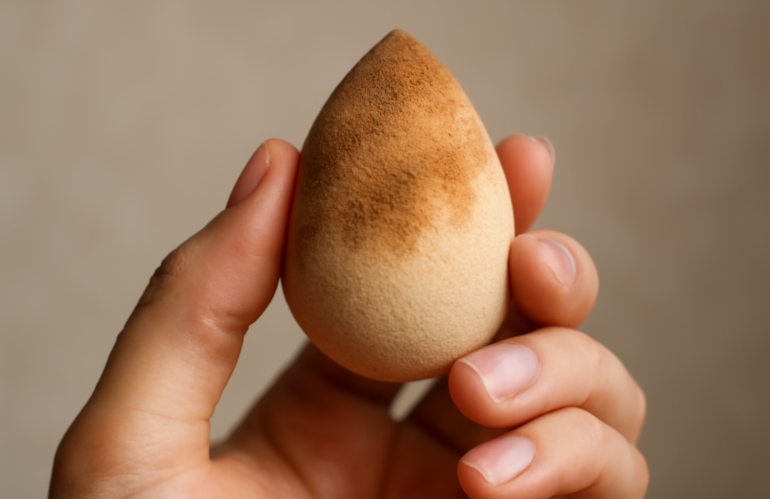 main tenant une eponge de maquillage sale