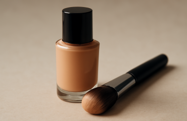 flacon de fond teint posé près d'un pinceau
