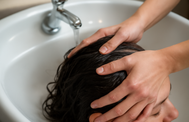 mains massant cuir chevelu sous lavabo