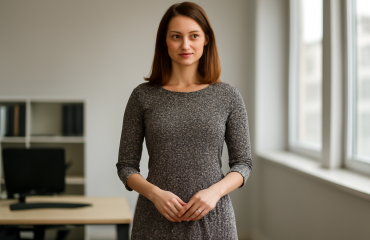 femme portant une robe imprimée sobre au bureau