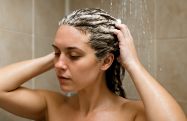 femme appliquant un masque capillaire sous la douche