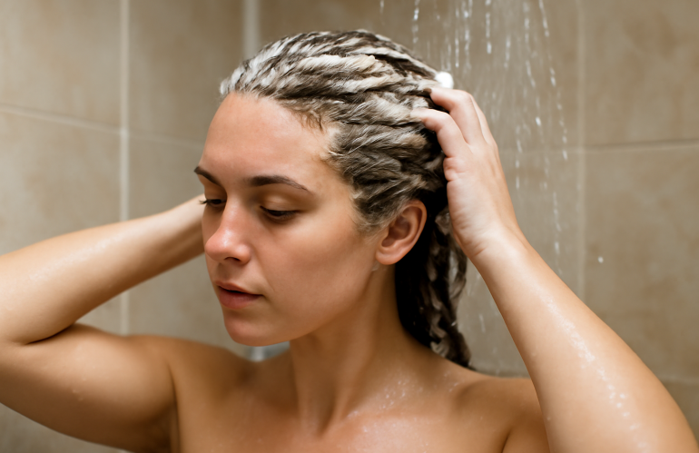 femme appliquant un masque capillaire sous la douche