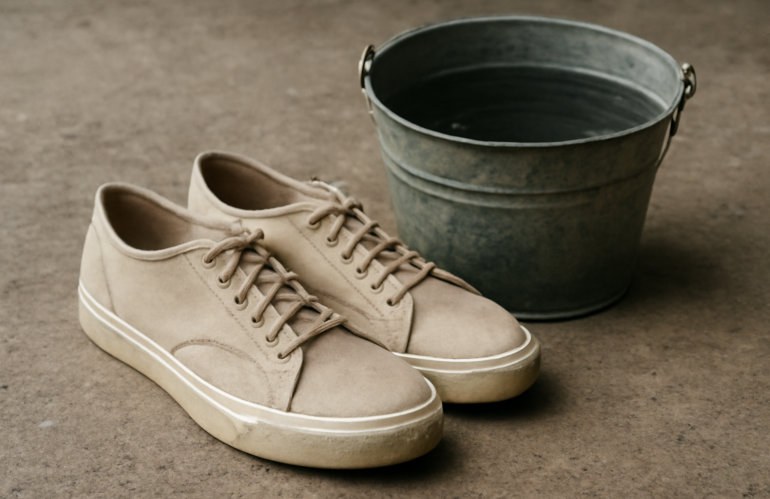 baskets en tissu posées près d'un seau d'eau