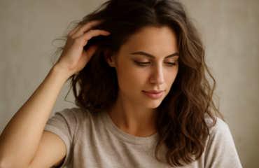 femme aux cheveux ondulés passant la main