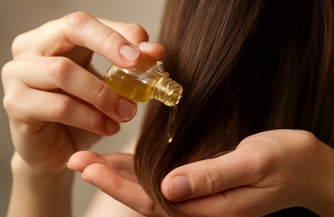 mains appliquant huile sur pointes de cheveux