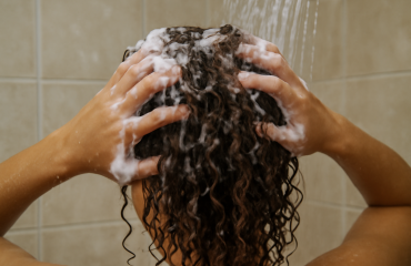 mains lavant cheveux bouclés sous douche