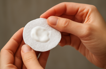 mains tenant un coton imbibé de lotion calmante