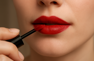 main appliquant rouge liquide sur lèvres