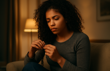femme assise tressant cheveux bouclés le soir
