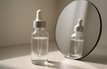 flacon de sérum posé près d'un miroir
