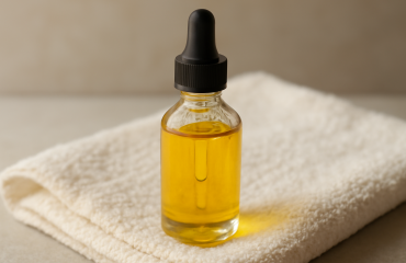 flacon de sérum huileux posé sur serviette