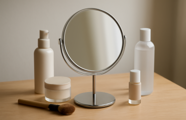 petit miroir posé sur une coiffeuse avec produits