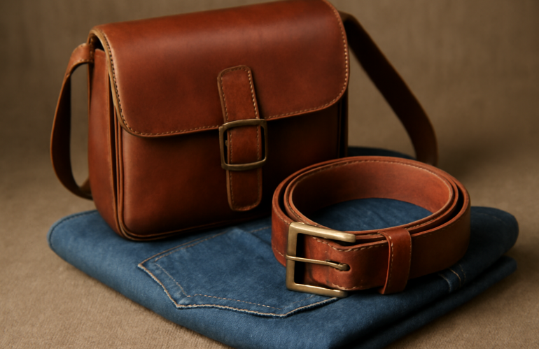 sac et ceinture posés sur jean plié