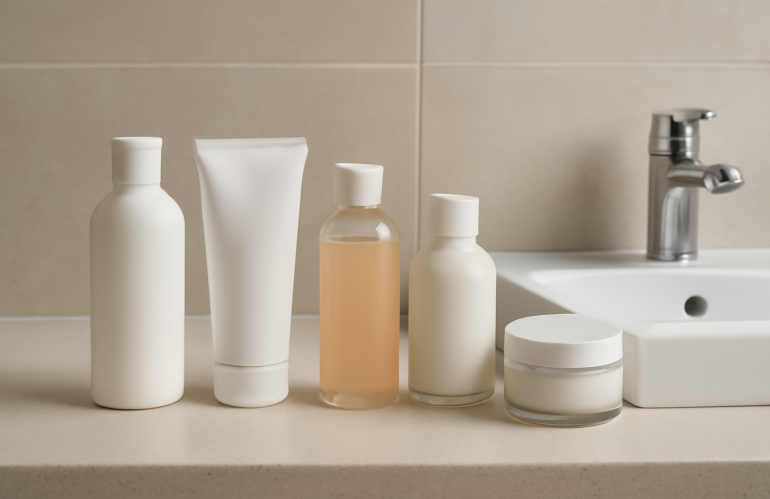 produits de soin alignés sur table de salle de bain