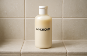 flacon d'après-shampooing sur tablette de douche