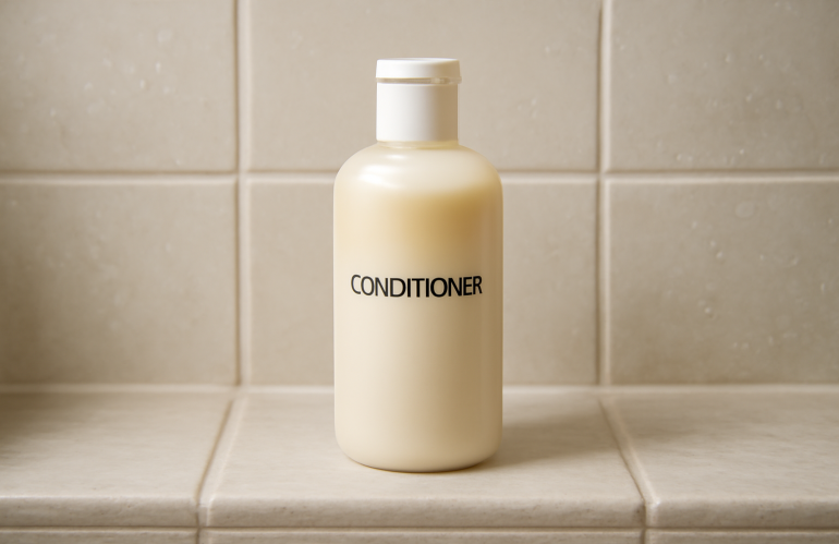 flacon d'après-shampooing sur tablette de douche