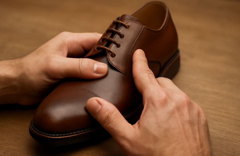 mains masseant cuir d'une chaussure neuve
