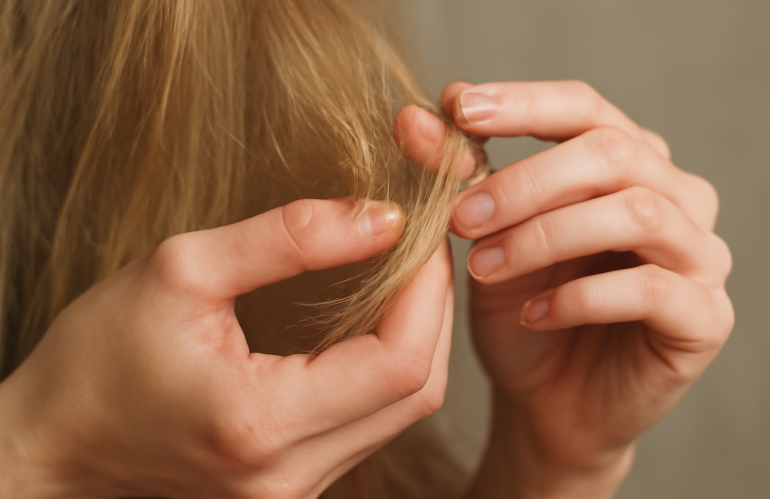 mains examinant une mèche blonde terne