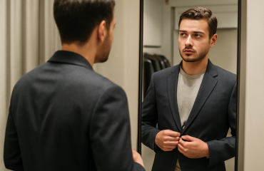personne essayant un blazer devant un miroir