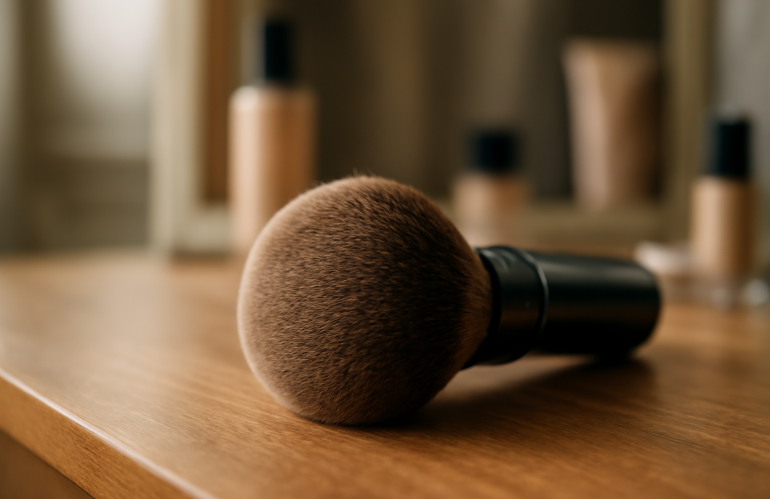 brosse ronde aux poils denses sur coiffeuse