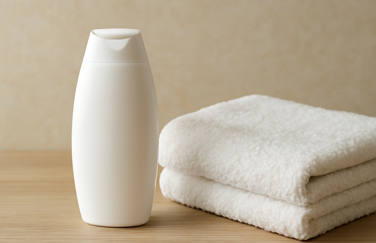 bouteille de shampooing à côté d'une serviette