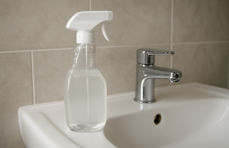 flacon de nettoyant posé près du lavabo