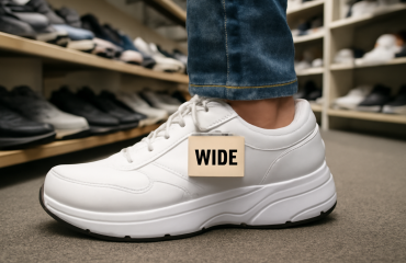 pied essayant une basket large dans un magasin