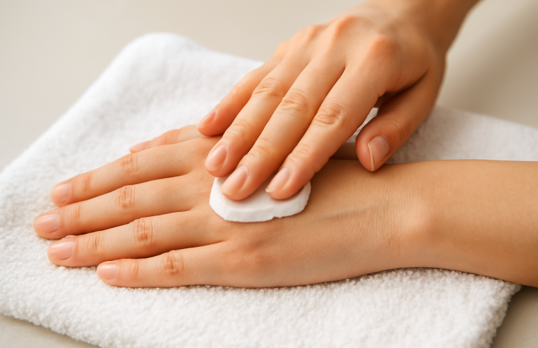 mains massant creme avec serviette claire