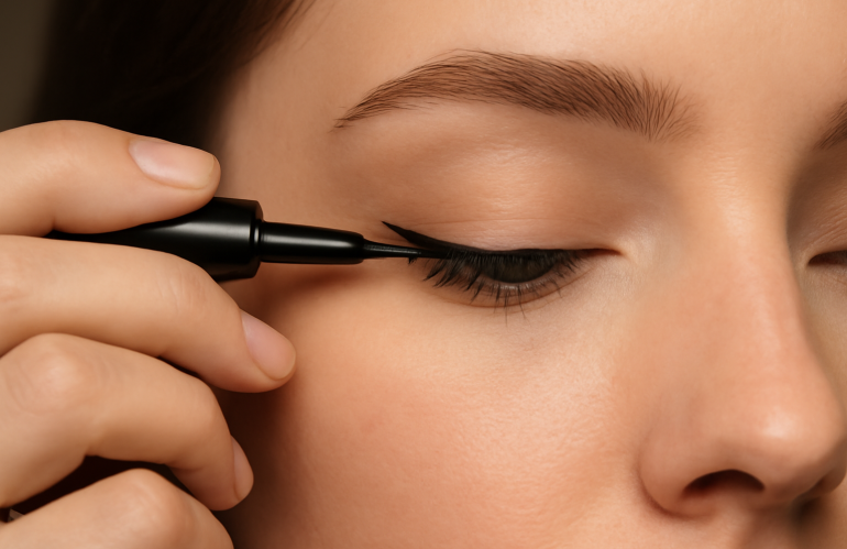 main tirant legèrement paupiere appliquant eyeliner