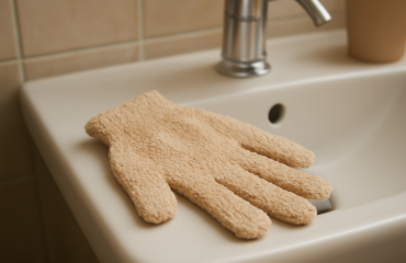gant exfoliant pose sur bord de lavabo