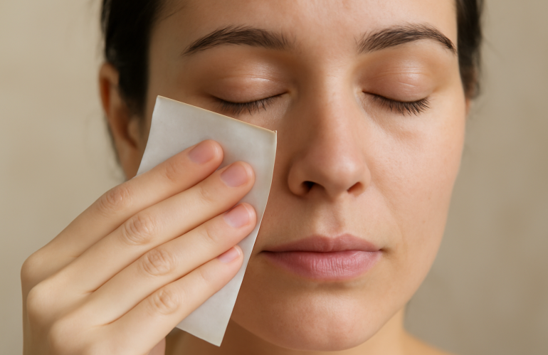 mains tamponnant visage avec un papier matifiant