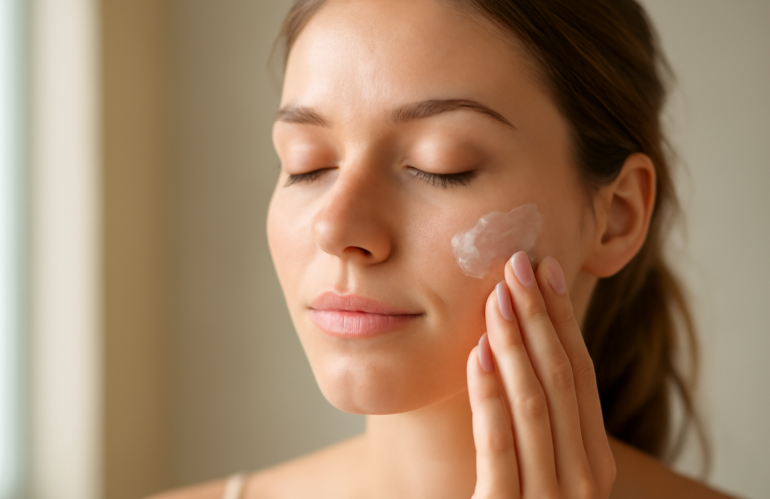visage appliquant crème légère au matin