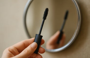 brosse à mascara tenue près d'un miroir