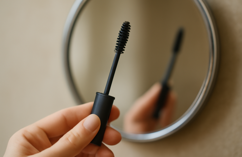 brosse à mascara tenue près d'un miroir