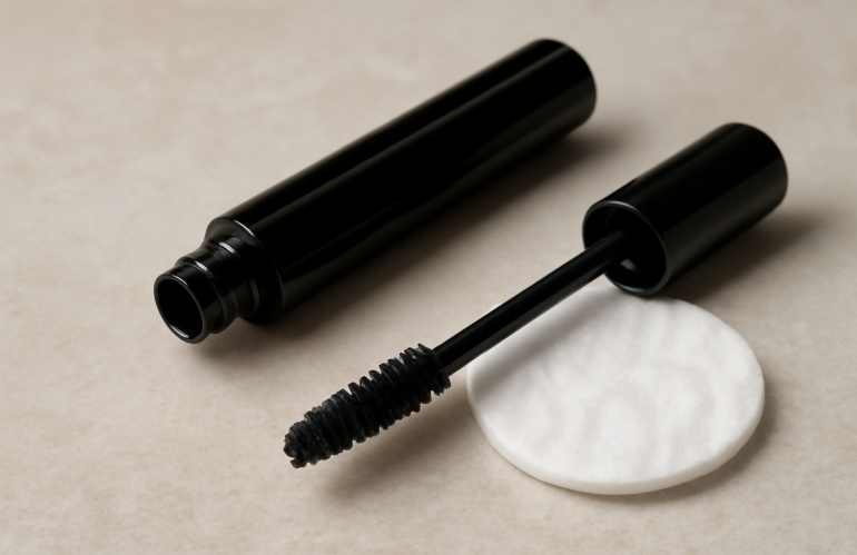tube de mascara posé près d'un coton