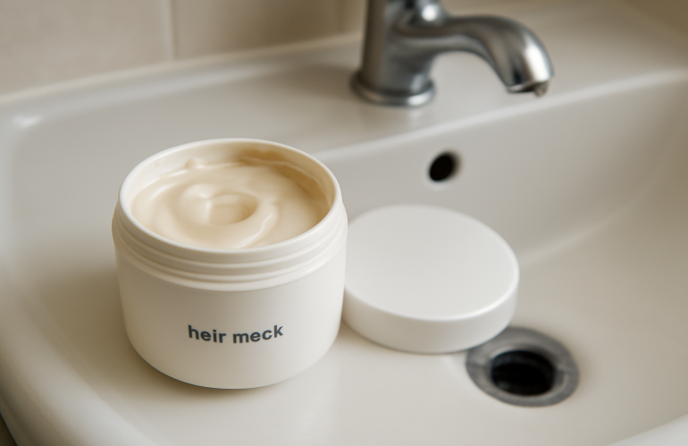 pot de masque capillaire ouvert sur lavabo