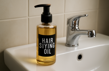 bouteille d'huile coiffante sur lavabo