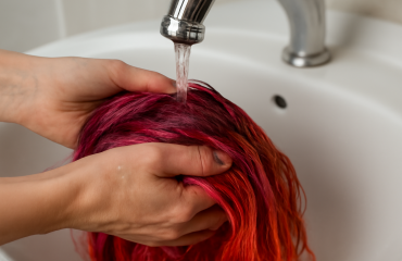 mains rinçant cheveux colorés sous robinet
