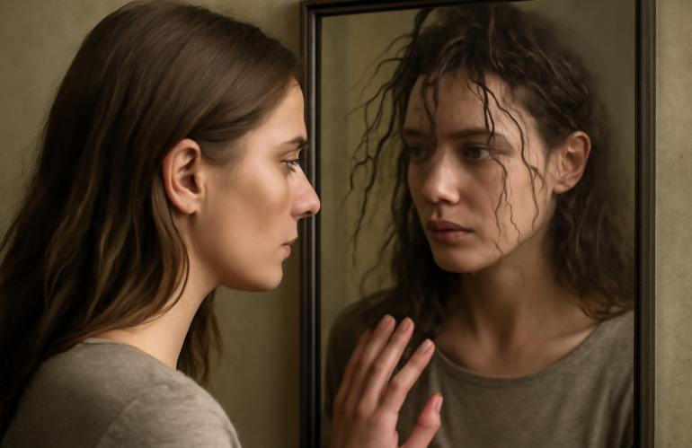 femme regardant racines au miroir