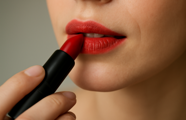 main appliquant rouge à lèvres sur lèvres