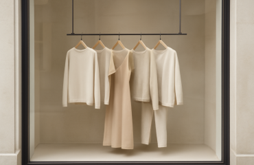vitrine boutique avec vêtements minimalistes suspendus