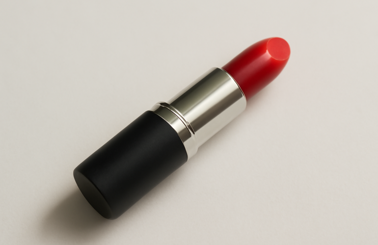 tube de rouge posé sur un fond neutre