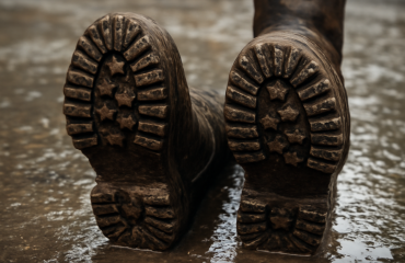 semelles de bottes posées sur sol mouillé